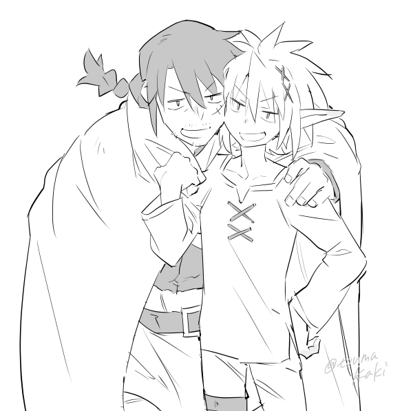 2boys, belt, braid, cloak, commentary_request, dasshu_(dashi_now), facial_hair, greyscale