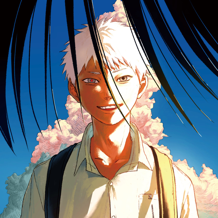 2boys, absurdres, album_cover, backpack, bag, black_hair, blue_sky, clouds