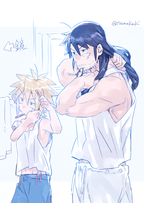 2boys, adjusting_hair_ornament, black_hair, blonde_hair, blue_pants, dasshu_(dashi_now), drawstring, facial_hair