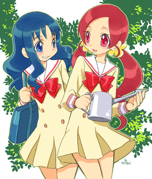 bag, blue_eyes, blue_hair, blush, grin, hanasaki_tsubomi, heartcatch_precure!, kurumi_erika