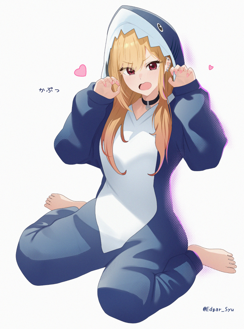 1girl, absurdres, animal_costume, barefoot, black_choker, blonde_hair, choker, commentary_request
