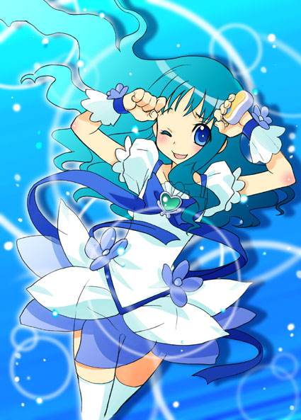 blue, blue_background, blue_eyes, blue_hair, blush, cure_marine, heartcatch_precure!, henshin