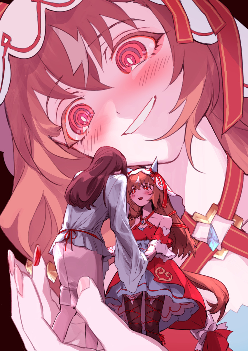 2girls, animal_ears, bare_shoulders, black_thighhighs, blush, brown_hair, dress, ear_covers, grin, highres, horse_ears, horse_girl, horse_tail, in_palm, long_hair, mini_person, minigirl, moffumoto, multiple_girls, red_dress, red_eyes, smile, still_in_love_(umamusume), tail, thigh-highs, umamusume, veil, yandere