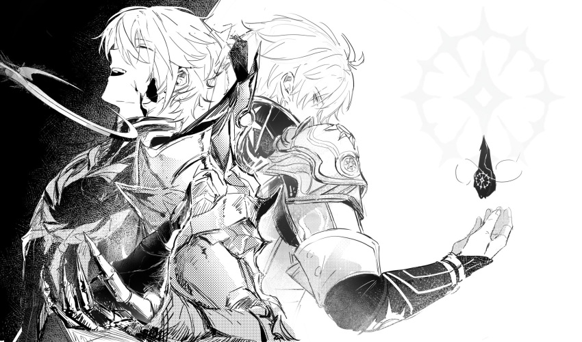 2boys, antenna_hair, armor, back-to-back, broken_skin, cape, ceremonial_blade_(honkai:_star_rail), closed_eyes, coreflame_(honkai:_star_rail), covered_mouth, dual_persona, fingernails, flame_reaver_of_the_deepest_dark, gauntlets, greyscale, hair_between_eyes, hand_up, highres, hmayme4238, honkai:_star_rail, honkai_(series), jacket, long_sleeves, looking_at_another, looking_back, male_focus, monochrome, multiple_boys, open_mouth, phainon_(honkai:_star_rail), short_hair, shoulder_armor, smile, sun_symbol, teeth, two-tone_background, upper_body