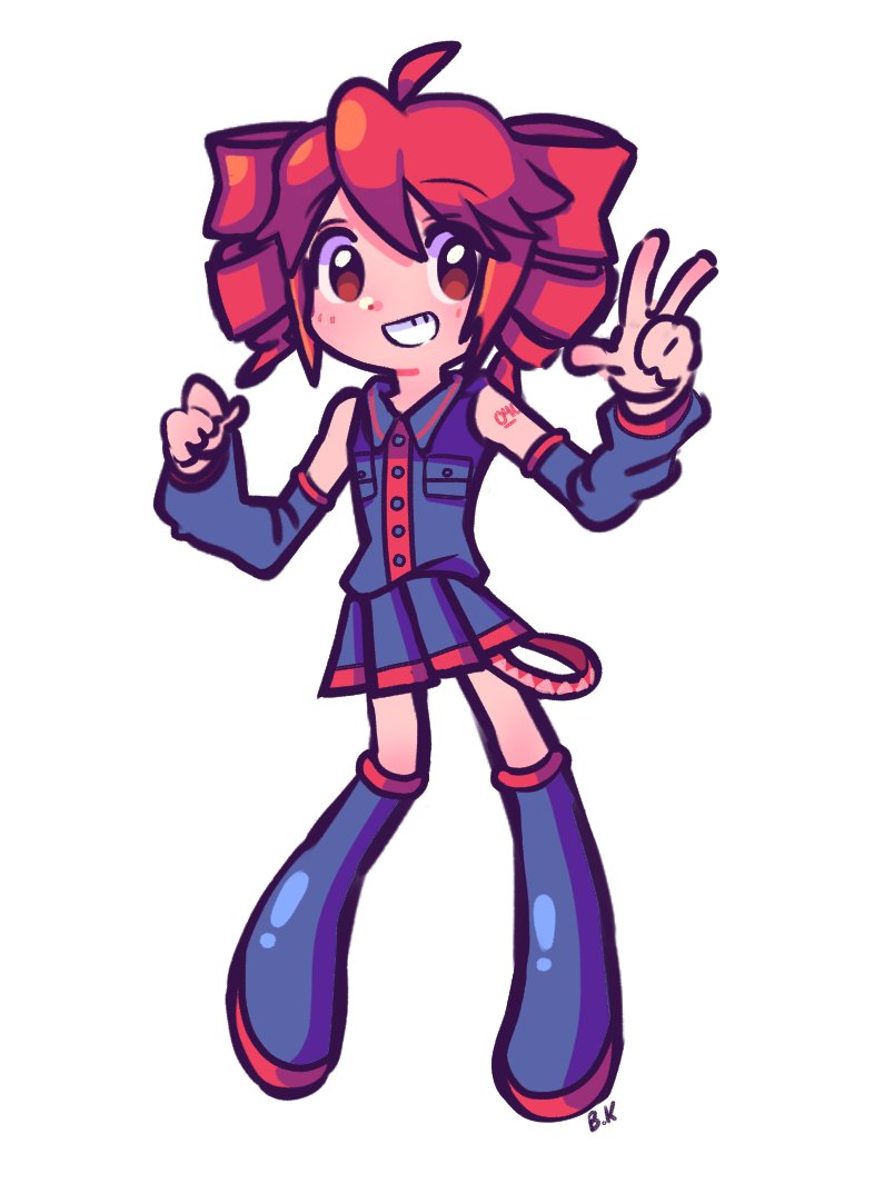 1girl, :d, ahoge, artist_name, bare_shoulders, belle_kieran, blue_boots, blue_shirt, blue_skirt, blue_sleeves, blush, boots, breast_pocket, buttons, clenched_hand, collared_shirt, commentary, detached_sleeves, drill_hair, english_commentary, full_body, grin, hair_between_eyes, hands_up, kasane_teto, kasane_teto_(utau), long_hair, long_sleeves, looking_at_viewer, miniskirt, number_tattoo, pigeon-toed, pleated_skirt, pocket, red_eyes, red_hair, red_trim, shirt, shoulder_tattoo, simple_background, skirt, sleeveless, sleeveless_shirt, smile, solo, standing, tareme, tattoo, thigh_boots, twin_drills, twintails, utau, white_background, wing_collar, zettai_ryouiki