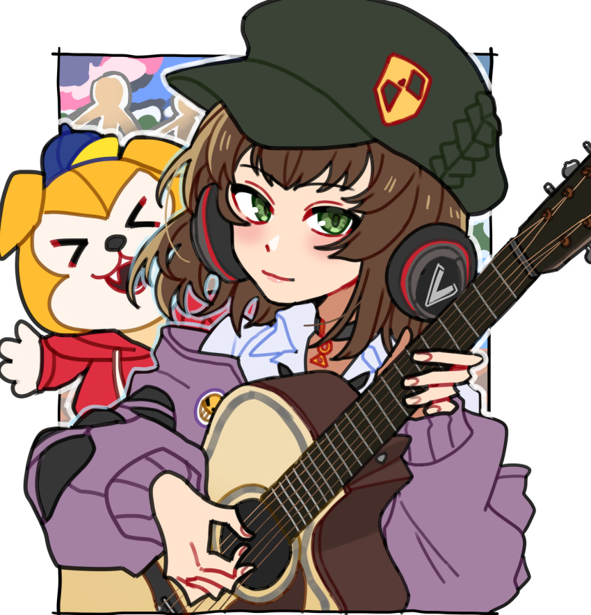 >_<, 1girl, border, brown_hair, choker, closed_mouth, collared_shirt, commentary