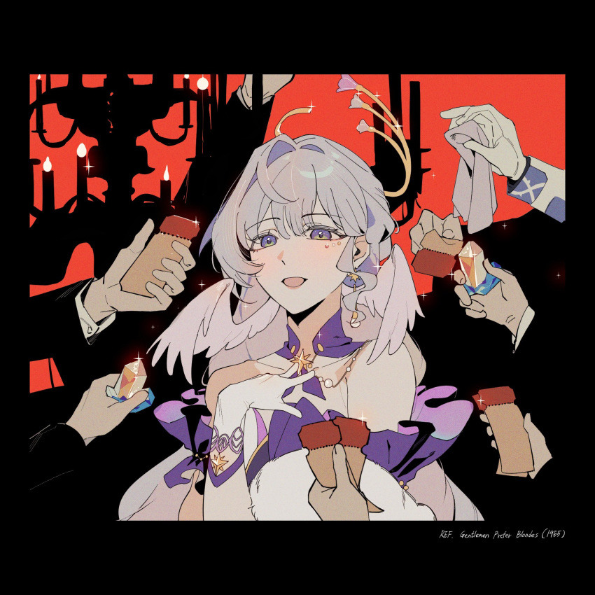 1boy, 1girl, 6+others, bare_shoulders, black_border, black_jacket, blue_eyes, blush