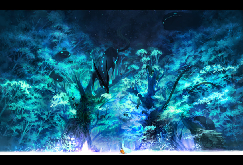 bear, black_hair, blue, forest, glowing, glowing_eyes, jimu_kaji, kajimiya_(kaji)