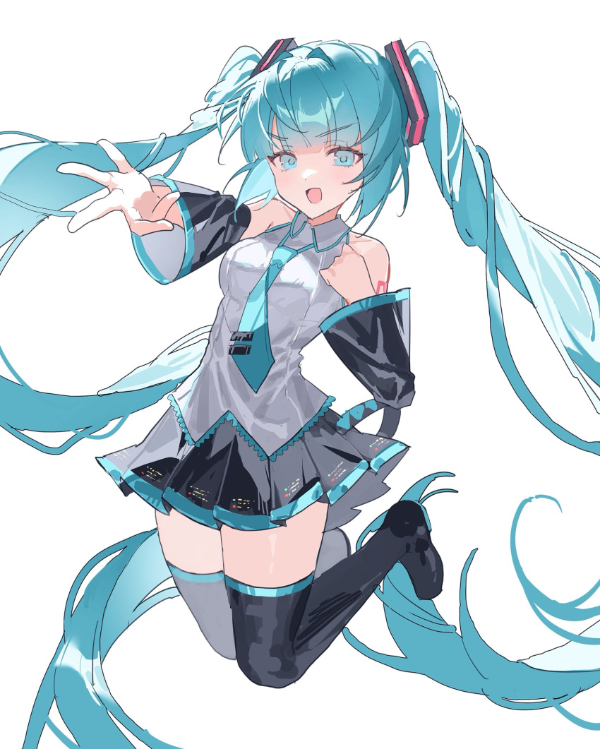 1girl, :d, bare_shoulders, black_boots, black_skirt, black_sleeves, blue_eyes, blue_hair