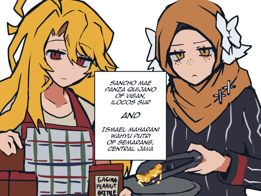 ahoge, alternate_costume, blonde_hair, character_name, don_quixote_(project_moon), english_text, flower, hair_flower, hair_ornament, highres, hijab, ishmael_(project_moon), kotori_trinity, limbus_company, long_hair, orange_hijab, project_moon, red_eyes, sancho_(project_moon), simple_background, trinity, white_background, white_flower