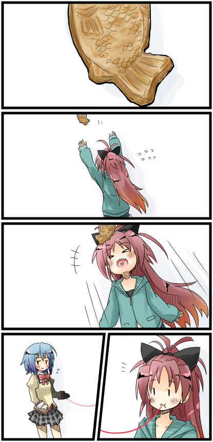 blue_hair, blush, comic, eating, female, food, long_hair, mahou_shoujo_madoka_magica