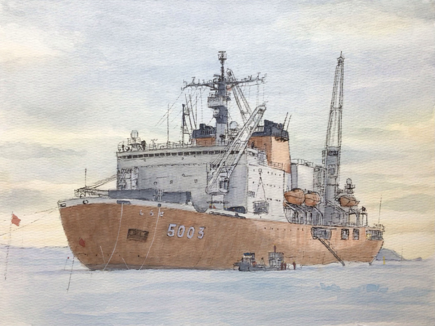 atelier_bono, clouds, cloudy_sky, commentary_request, crane_(machine), flag, highres, icebreaker_ship, japan_maritime_self-defense_force, japan_self-defense_force, lifeboat, mast, military, no_humans, original, outdoors, painting_(medium), scenery, ship, shirase_(agb-5003), sky, smokestack, sunrise, traditional_media, vehicle_focus, watercolor_(medium), watercraft
