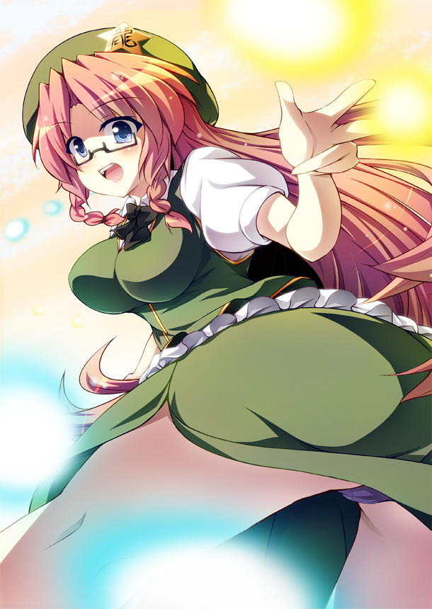 bespectacled, blue_eyes, braid, glasses, hat, hong_meiling, long_hair, open_mouth