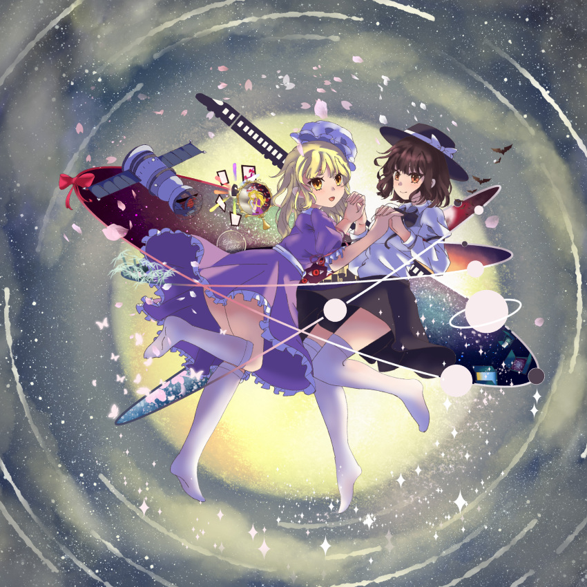 3girls, absurdres, arm_garter, bat_(animal), black_bow, black_bowtie, black_hat, black_skirt