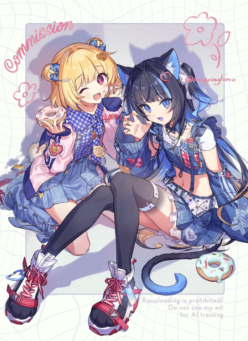 2girls, animal_ears, black_hair, blonde_hair, blue_eyes, blue_hair, blue_skirt, cat_ears