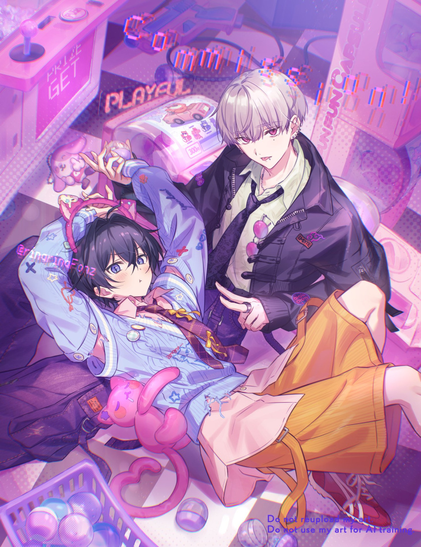 2boys, black_hair, blue_eyes, blue_sweater, commission, grey_hair, highres, looking_at_viewer