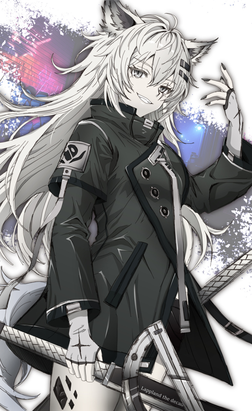 1girl, absurdres, animal_ears, arknights, black_jacket, black_nails, buttons, character_name, cowboy_shot, fingerless_gloves, fingernails, gloves, grey_eyes, grey_gloves, grey_hair, grin, hair_between_eyes, hand_up, high_collar, highres, holding, holding_sword, holding_weapon, jacket, lappland_(arknights), long_hair, looking_at_viewer, material_growth, messy_hair, oripathy_lesion_(arknights), scar, scar_across_eye, scar_on_face, smile, solo, standing, sword, tail, teeth, weapon, yoru_(tokumori_umaai)