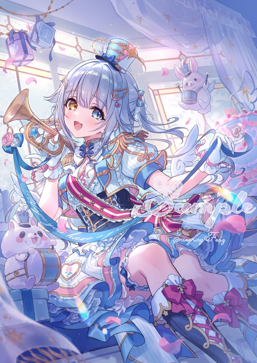 1girl, blue_eyes, blush, bow, cake, dress, drum, epaulettes