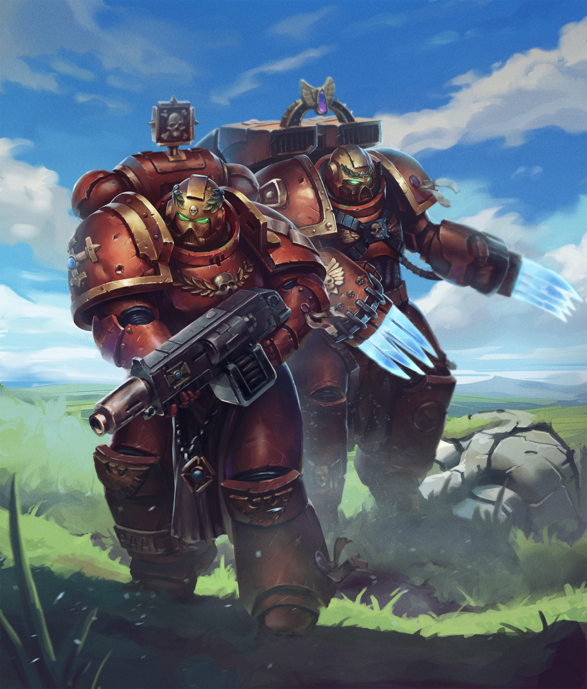 2boys, absurdres, adeptus_astartes, armor, armored_boots, blood_angels, blue_gemstone, blue_sky, boots, breastplate, broken_statue, bullet_hole, cable, claw_(weapon), clouds, cross_ornament, energy_claws, full_armor, full_body, gauntlets, gem, grass, greaves, grohgrog, gun, heavy_bolter, helmet, highres, holding, holding_bolter, holding_gun, holding_weapon, imperial_aquila, laurel_crown, male_focus, maltese_cross, multiple_boys, ornate_armor, outdoors, pauldrons, pelvic_curtain, power_armor, purity_seal, purple_gemstone, red_armor, shoulder_armor, skull_and_crossbones, skull_ornament, sky, vambraces, warhammer_40k, weapon, yellow_helmet