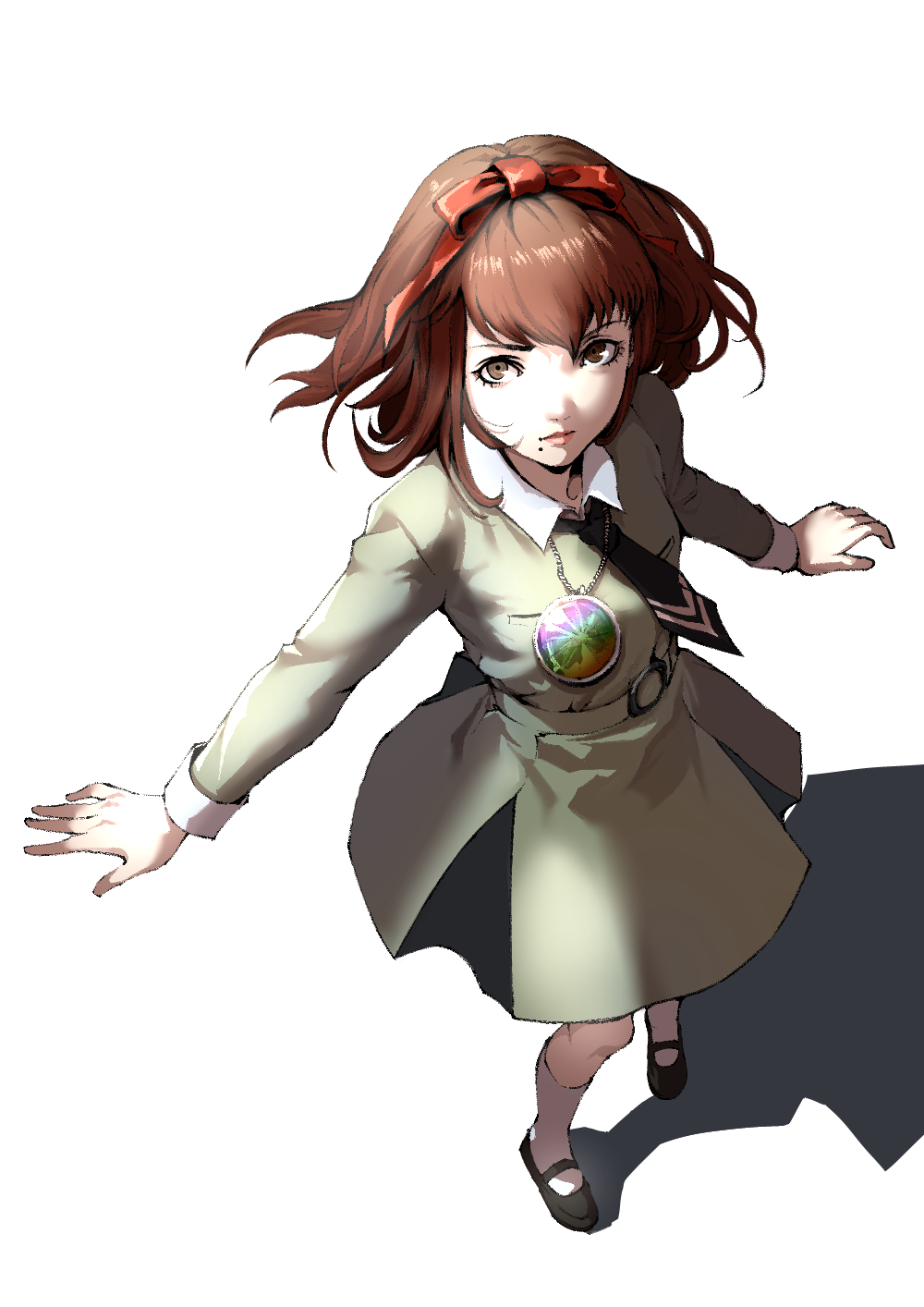 1girl, brown_eyes, brown_hair, closed_mouth, commentary, full_body, hair_ribbon, highres