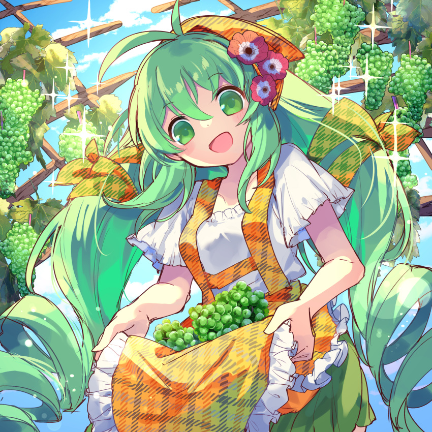 1girl, alraune_(p&amp;d), apron, bow, flower, flower_on_head, food, fruit