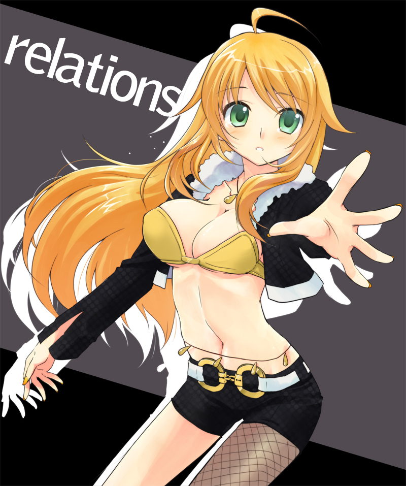 ahoge, asymmetrical_clothes, asymmetrical_clothing, blonde_hair, blush, breasts, cleavage, green_eyes, hoshii_miki, idolmaster, large_breasts, long_hair, mitsuyuki_yuzuna, navel, pantyhose, solo
