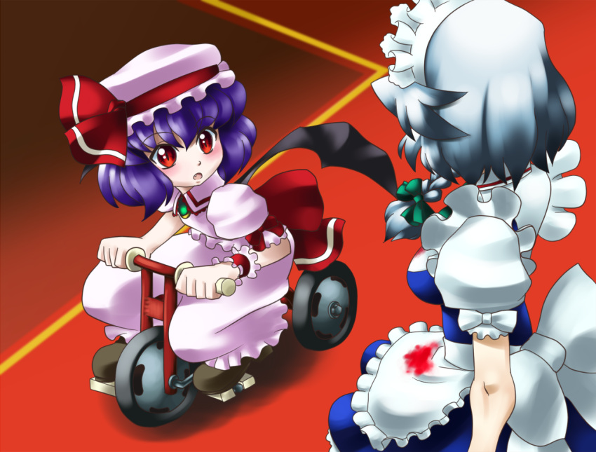 bat_wings, blood, blood_on_clothes, bloody_clothes, blue_dress, blue_hair, blush, braid