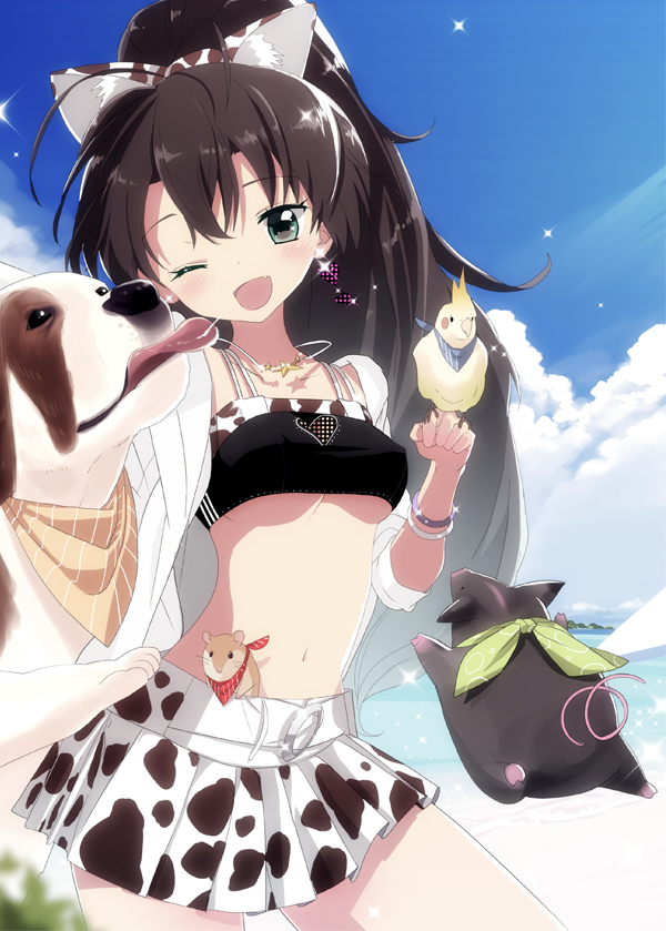 :d, ;d, animal, animal_ears, bad_id, bird, black_eyes, black_hair