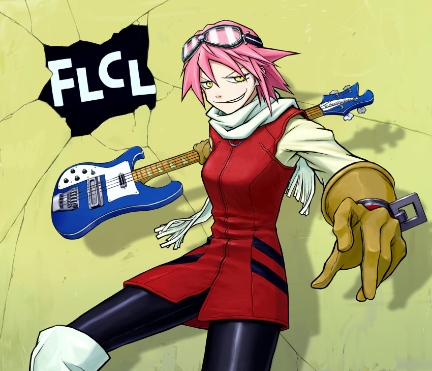 1girl, atmosku, bass_guitar, black_pants, boots, breasts, copyright_name, crack
