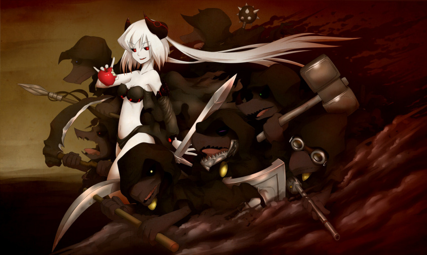 axe, bare_legs, bare_shoulders, creature, detached_sleeves, dwarf_(grimm), food, fruit