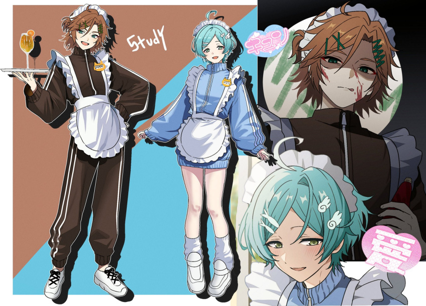 2boys, ahoge, angel_wings_hair_ornament, apron, aqua_hair, black_jacket, blue_jacket, brown_hair