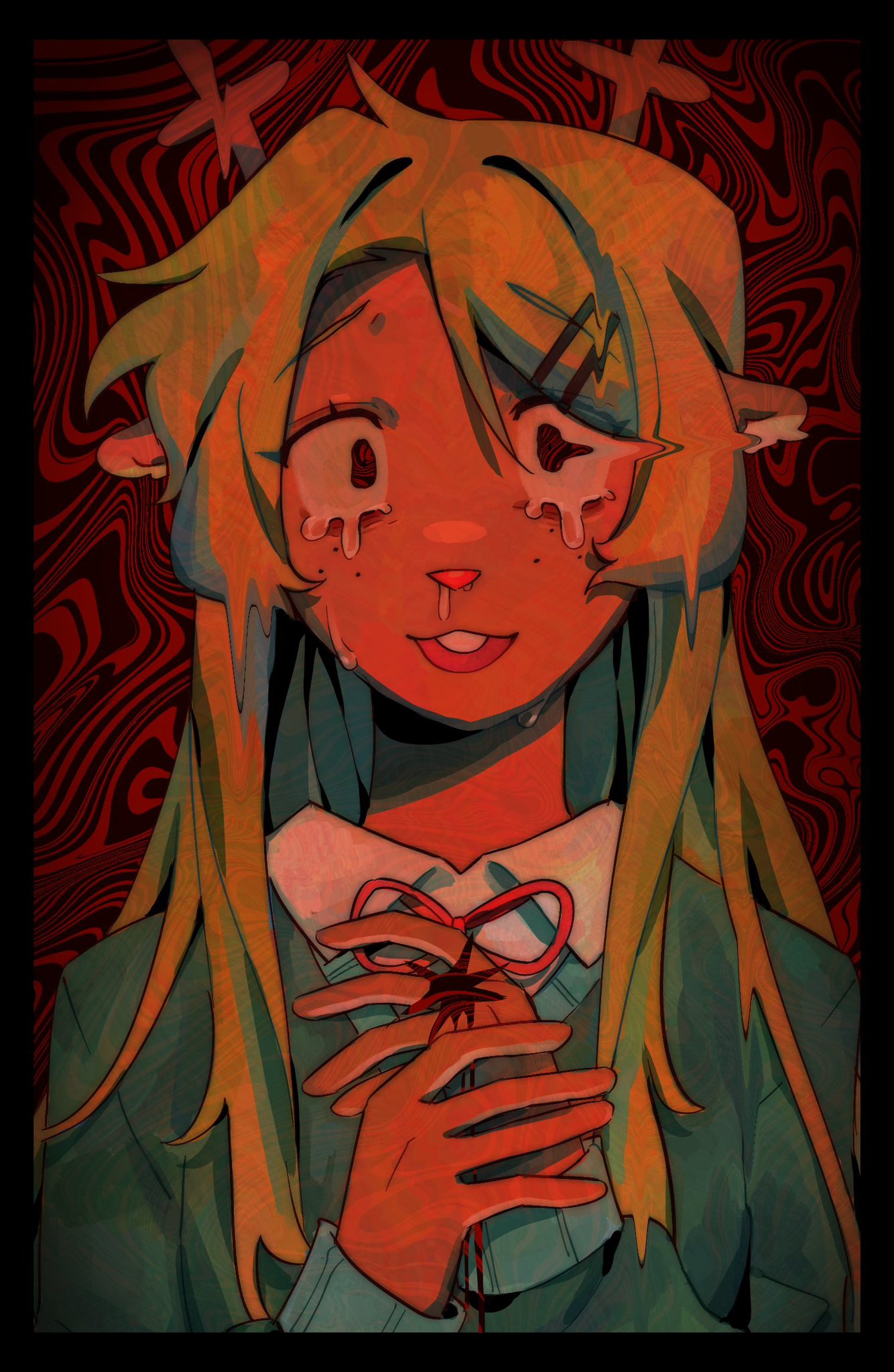 1girl, animal_ears, antlers, black_border, blonde_hair, border, collared_shirt, commentary