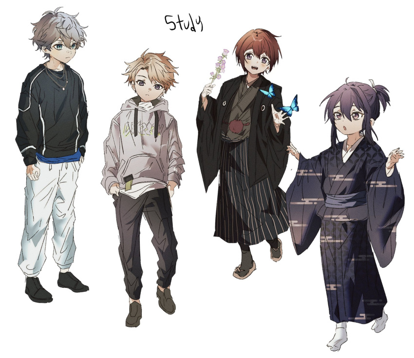 4boys, black_pants, black_shirt, blonde_hair, blue_butterfly, bug, butterfly, closed_mouth