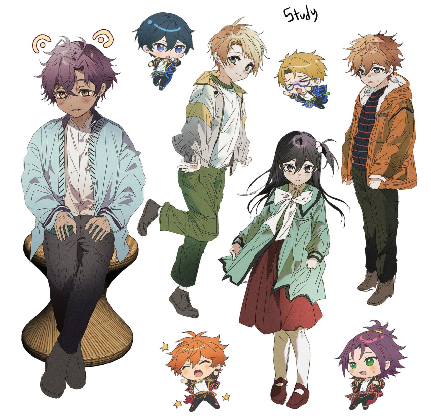 5boys, akehoshi_subaru, aqua_cardigan, black_hair, black_pants, blonde_hair, bow, cardigan