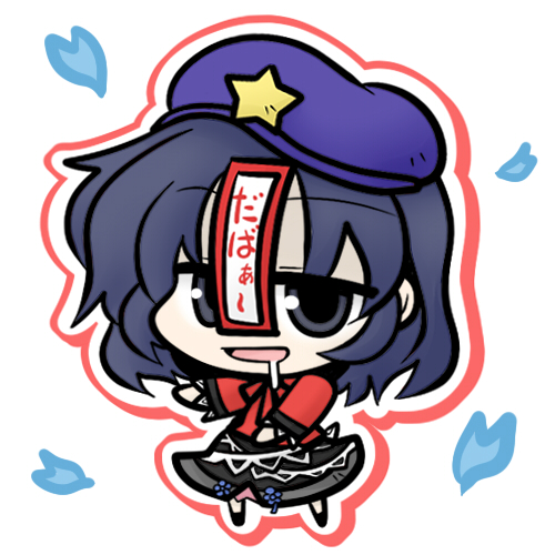 black_hair, blue_hair, chibi, dress, drooling, frills, geung_si, grey_eyes