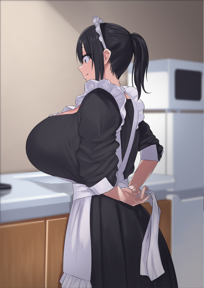 1girl, apron, black_dress, black_eyes, black_hair, breasts, closed_mouth, commentary_request, dress, highres, huge_breasts, indoors, kitchen, long_hair, long_sleeves, maid, maid_apron, maid_headdress, microwave, natsuishi_nana, original, ponytail, refrigerator, sidelocks, smile, standing, tying_apron