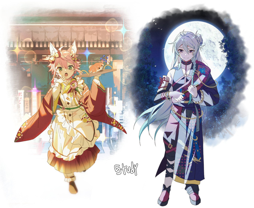 2boys, ahoge, animal_ears, apron, blue_hair, bow, braid, brooch