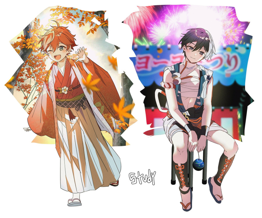 2boys, aerial_fireworks, akehoshi_subaru, autumn_leaves, black_hair, closed_mouth, crop_top, ensemble_stars!