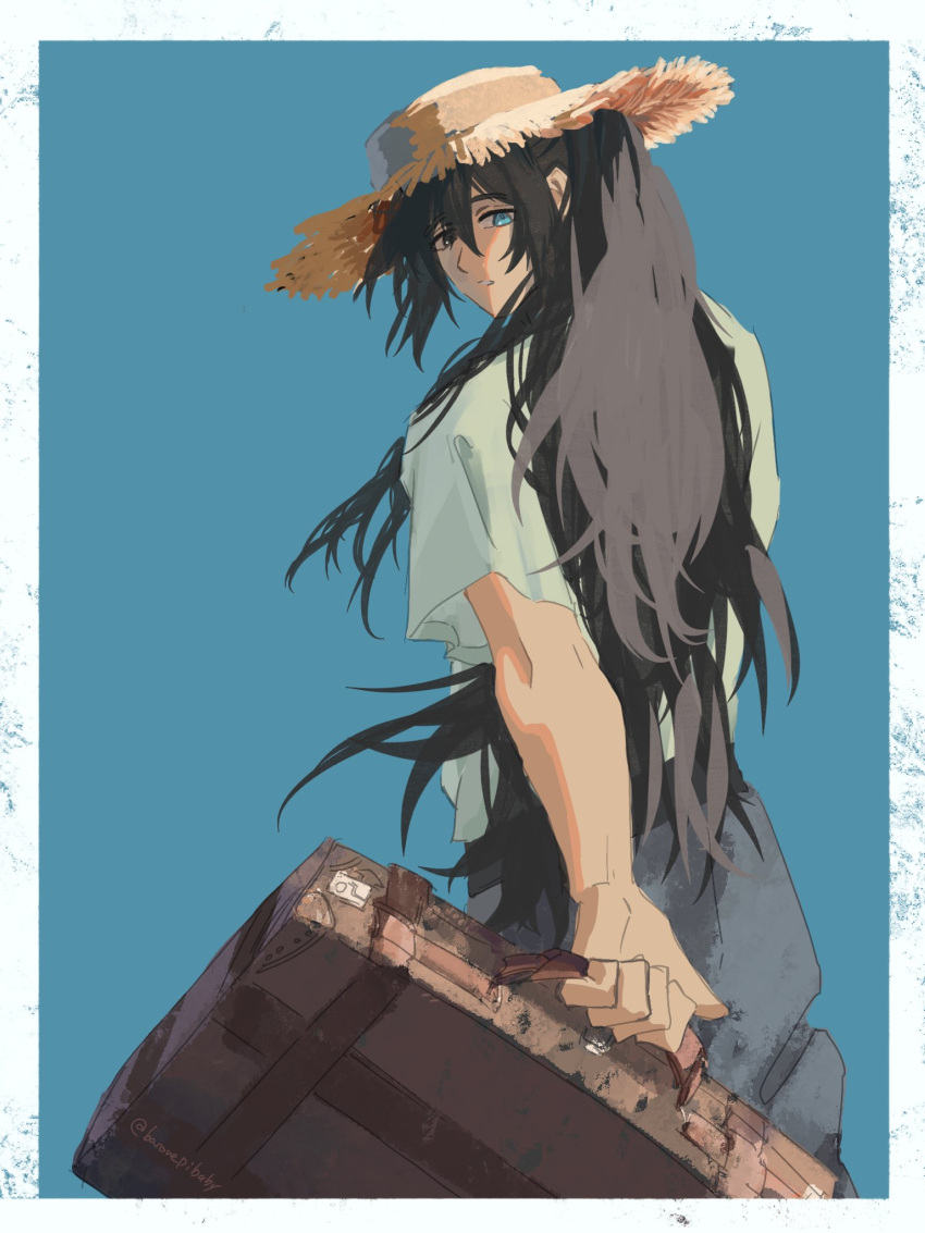 1boy, baconepibaby, bag, black_eyes, black_hair, blue_background, blue_eyes, border