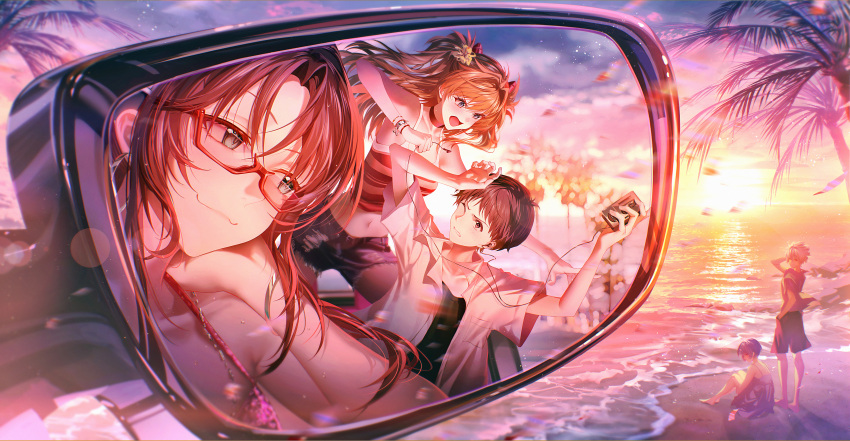 2boys, 3girls, absurdres, ayanami_rei, bare_shoulders, black_hair, blue_eyes, closed_mouth