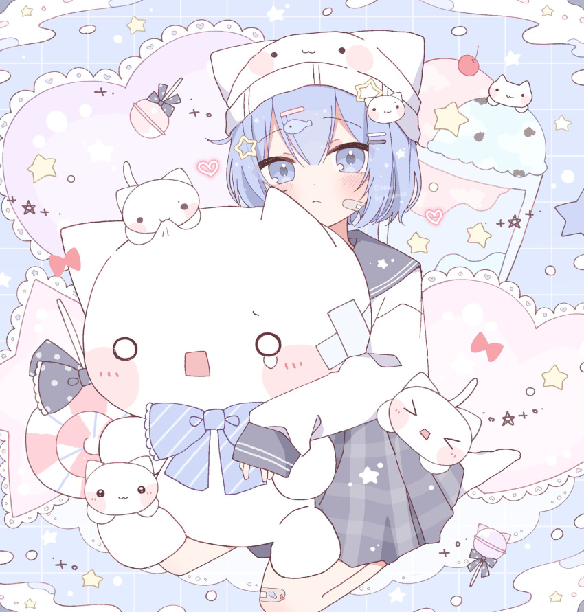 >_<, 1girl, animal_hat, bandaid, bandaid_on_face, bandaid_on_leg, blue_eyes, blue_hair