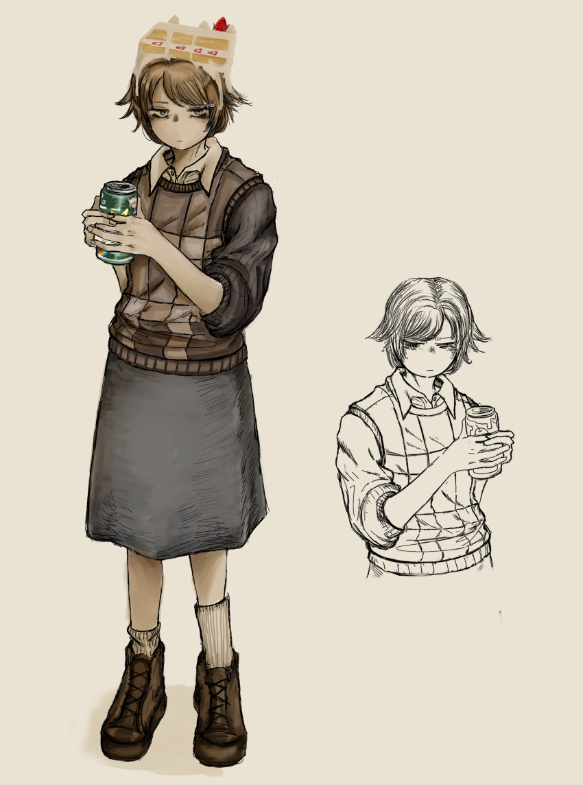1girl, absurdres, bags_under_eyes, black_sweater, blonde_hair, boots, brown_boots, brown_sweater_vest