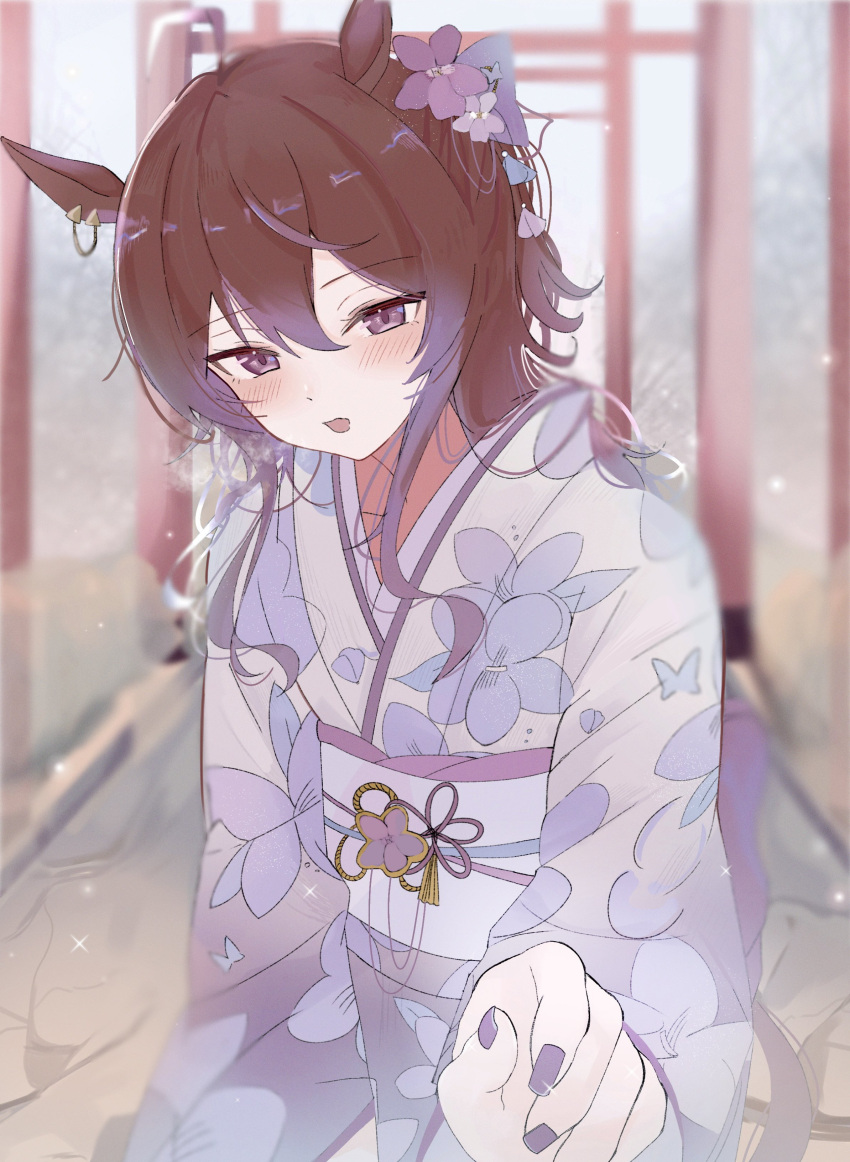 1girl, absurdres, alternate_costume, animal_ears, blurry, brown_hair, depth_of_field, ear_piercing