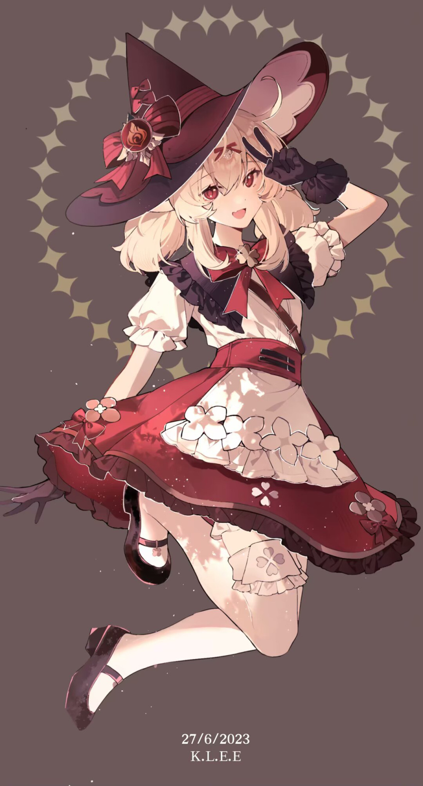 1girl, 2023, :d, age_progression, black_gloves, black_shoes, blonde_hair, bow, character_name, dated, fang, full_body, genshin_impact, gloves, grey_background, hair_between_eyes, hat, hat_bow, highres, klee_(blossoming_starlight)_(genshin_impact), klee_(genshin_impact), long_hair, mary_janes, medium_skirt, red_bow, red_eyes, red_hat, red_skirt, shirt, shoes, short_sleeves, skin_fang, skirt, smile, solo, striped_bow, tadanogomi, thigh-highs, twintails, vision_(genshin_impact), white_shirt, white_thighhighs, witch_hat