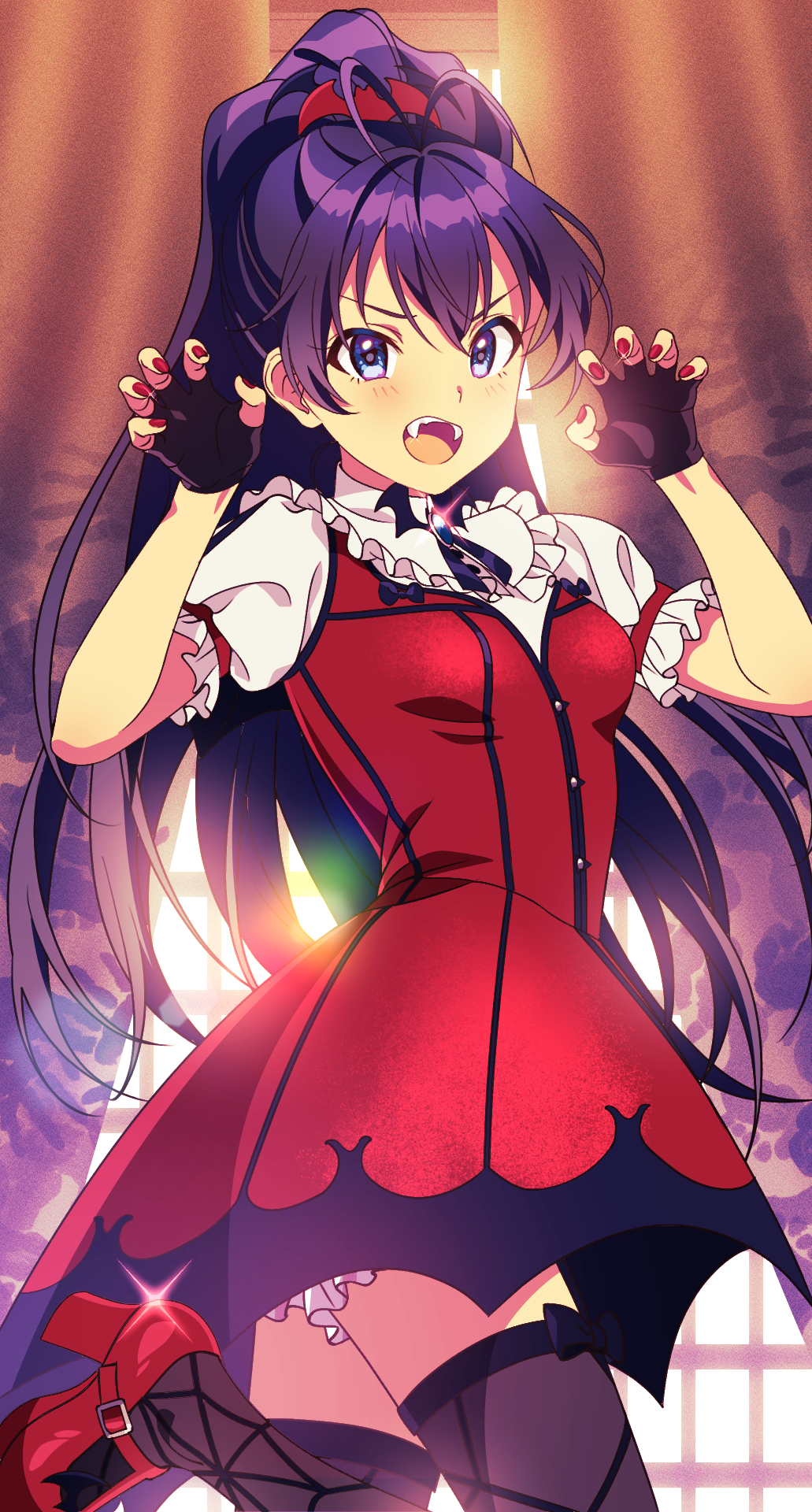 1girl, :d, bat_hair_ornament, black_gloves, black_thighhighs, blue_eyes, crossed_bangs, dress