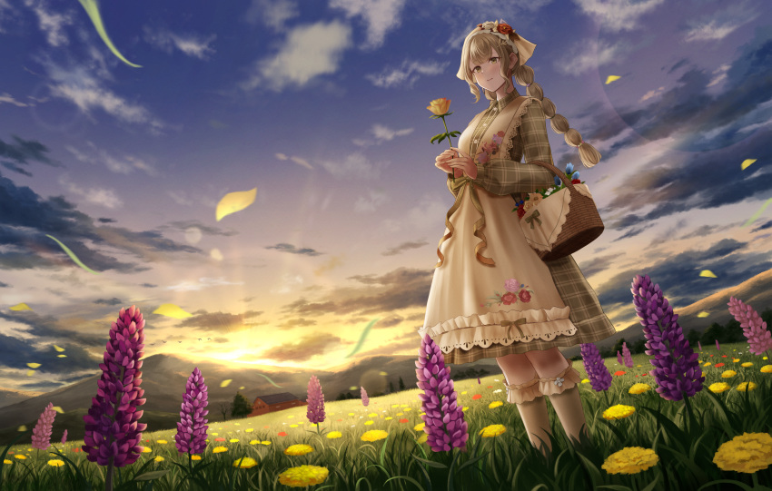 1girl, absurdres, apron, basket, beads, blue_sky, braid, brown_hair