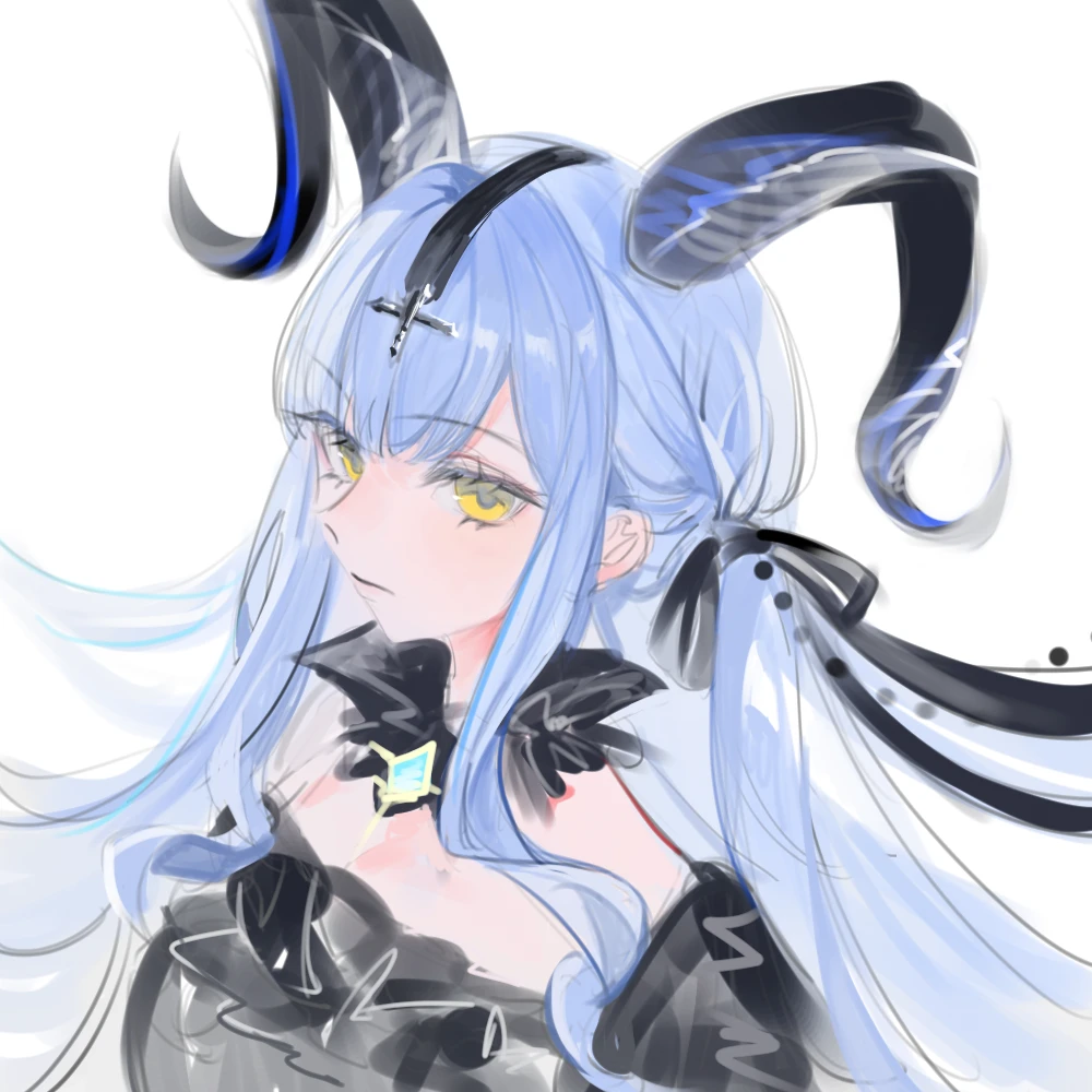 1girl, arknights, bang_dream!, bang_dream!_it's_mygo!!!!!, black_horns, black_ribbon, blue_hair, closed_mouth