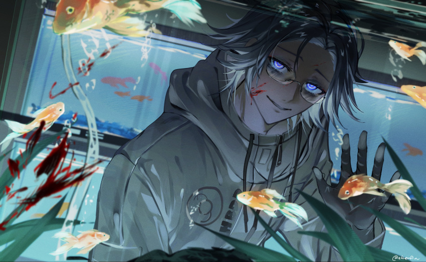1boy, absurdres, against_glass, aotsuki_eito, black_gloves, blood, blood_on_face, bubble, commentary, drawstring, english_commentary, ethenfin, evil_smile, fish, fish_tank, glasses, gloves, goldfish, grey_hair, hand_on_glass, highres, jacket, looking_at_viewer, male_focus, ringed_eyes, short_hair, smile, solo, the_hundred_line_-last_defense_academy-, violet_eyes, white_jacket, zipper_pull_tab