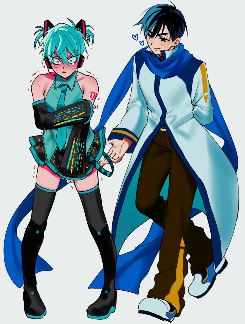 2boys, 7eiaq3939, alien_stage, aqua_hair, aqua_shirt, arm_tattoo, black_boots, black_hair, black_pants, black_shoes, black_skirt, boots, coat, collared_shirt, cosplay, detached_sleeves, halter_shirt, halterneck, hatsune_miku, hatsune_miku_(cosplay), highres, ivan_(alien_stage), kaito, kaito_(cosplay), kaito_(vocaloid), kaito_(vocaloid)_(cosplay), long_sleeves, male_focus, multiple_boys, number_tattoo, pants, pleated_skirt, shirt, shoes, short_hair, skirt, tattoo, thigh_boots, till_(alien_stage), trembling, two_side_up, very_short_hair, vocaloid, white_coat, white_shoes