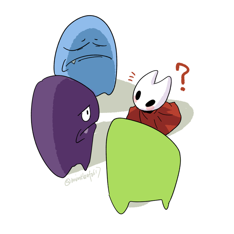 1girl, ?, character_request, cloak, closed_eyes, closed_mouth, commentary, english_commentary, fang, frown, hollow_knight:_silksong, hornet_(hollow_knight), looking_at_another, mintleaf0617, notice_lines, red_cloak, simple_background, steam_(platform), steamsad, twitter_username, white_background